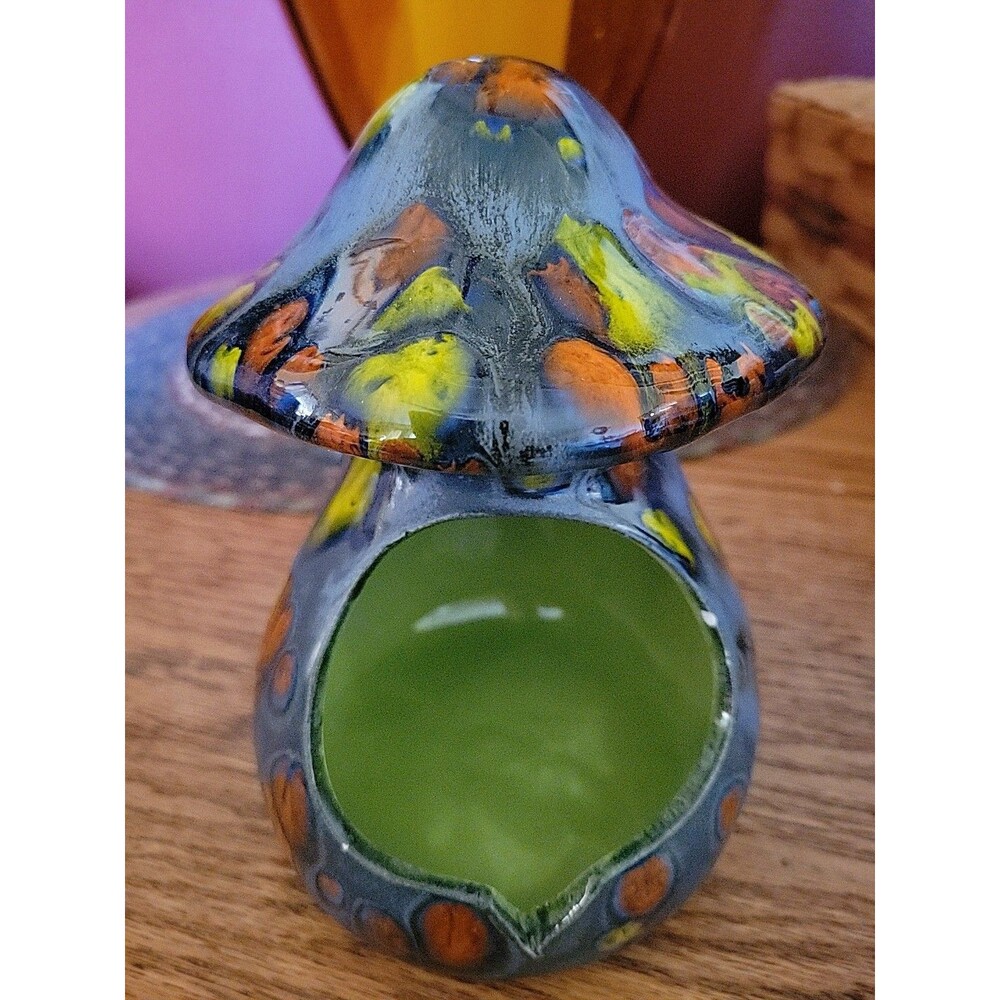Art Pottery Ashtray Mushroom Blue Handmade 1970's Trinket Dish